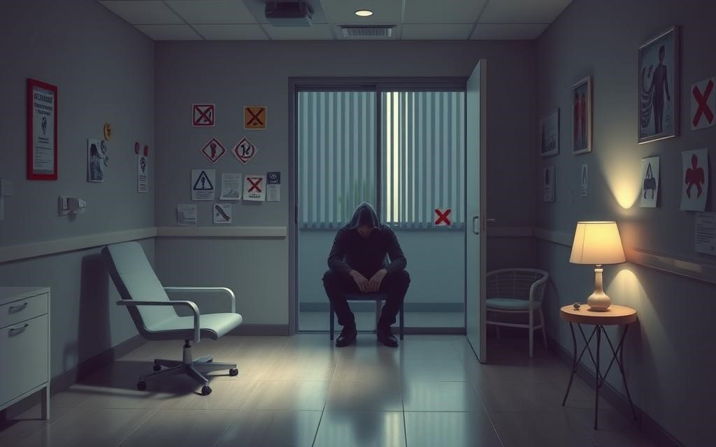 A serene clinic room with a comfortable chair, dim lighting, and calming decor; in the background, scattered medical symbols like caution signs and red crosses, indicating contraindications; a shadowy figure sitting outside the room looking anxious and distressed, surrounded by subtle hints of anxiety and mental health struggles.