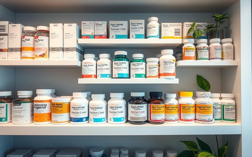 A serene and well-organized pharmacy shelf filled with various appetite control medications, featuring sleek packaging and colorful pill bottles, soft lighting highlighting the textures and labels, a calm atmosphere conveying health and wellness, with a subtle background of leafy plants to symbolize natural approaches to weight loss.